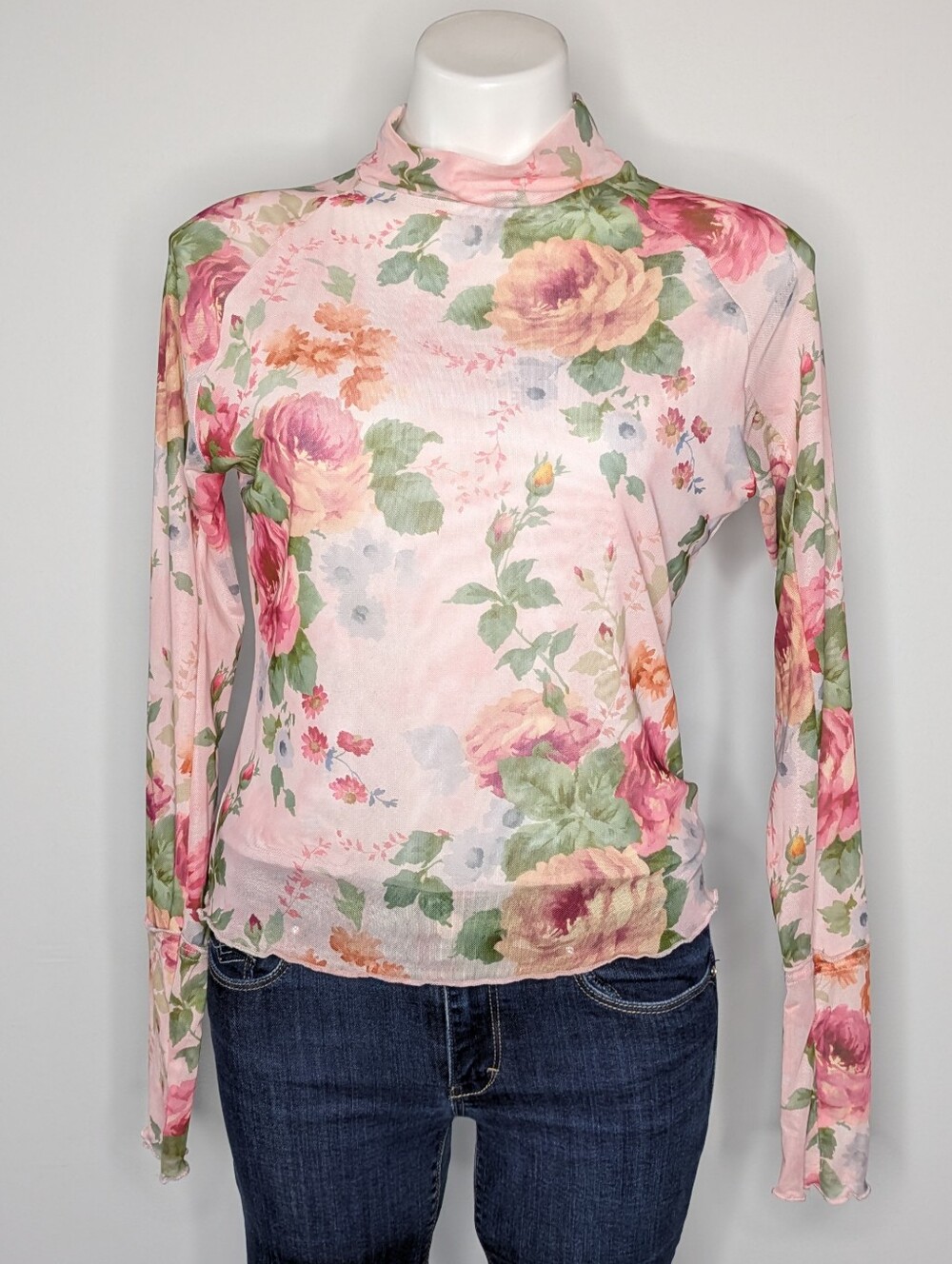 NWT Panache Pink Orange Green Floral Mesh Long Sleeve To XL